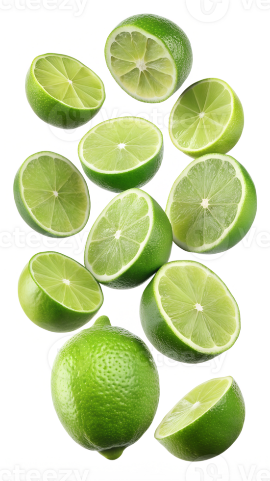 Sliced and whole limes with vibrant green, isolated transparent png