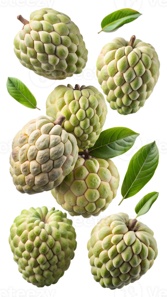Fresh green custard apples and leaves, isolated transparent png