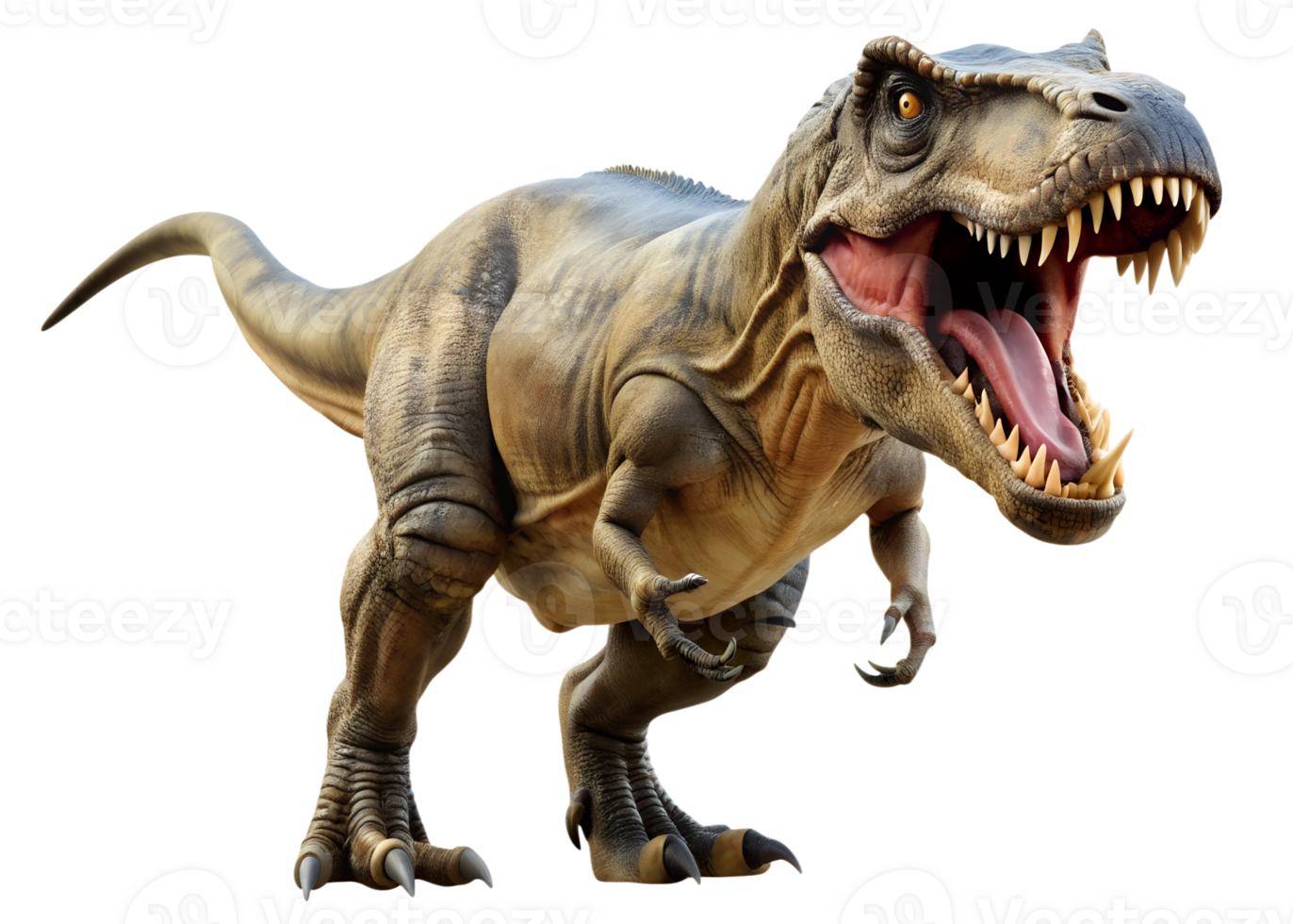 Ferocious Tyrannosaurus Rex roaring with sharp teeth, isolated transparent png