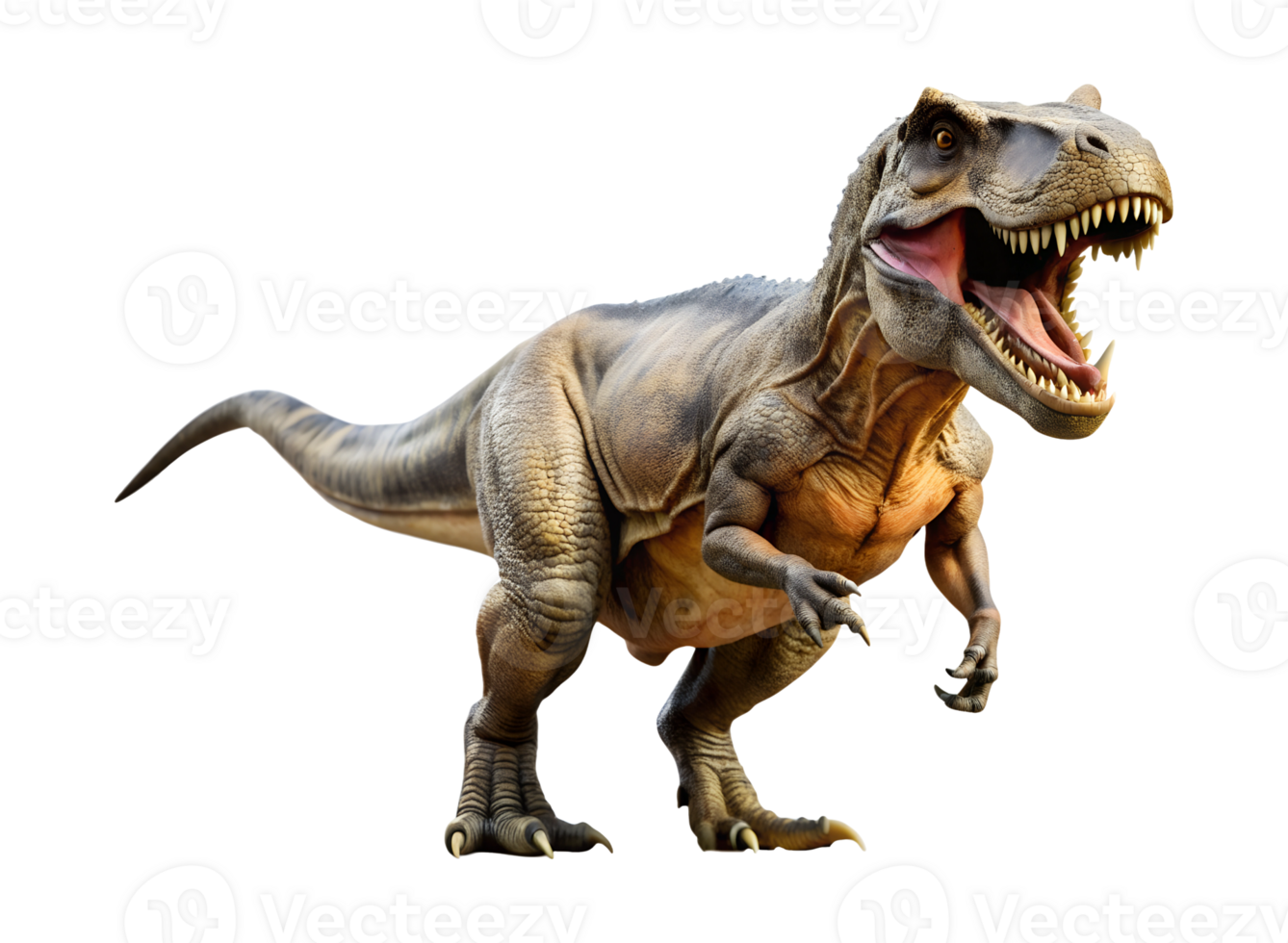 Aggressive T-rex roaring with open mouth, isolated transparent png