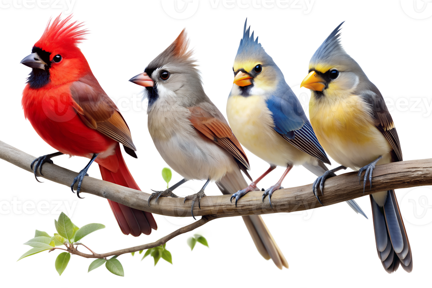 Colorful birds perched on branch, vibrant and detailed, isolated transparent png