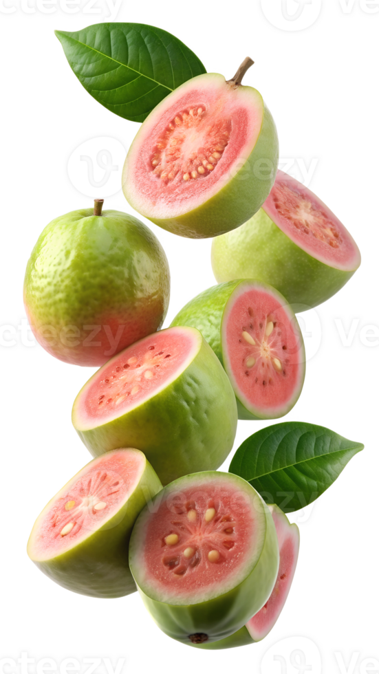 Tropical guava with vibrant green leaves, whole and sliced, isolated transparent png