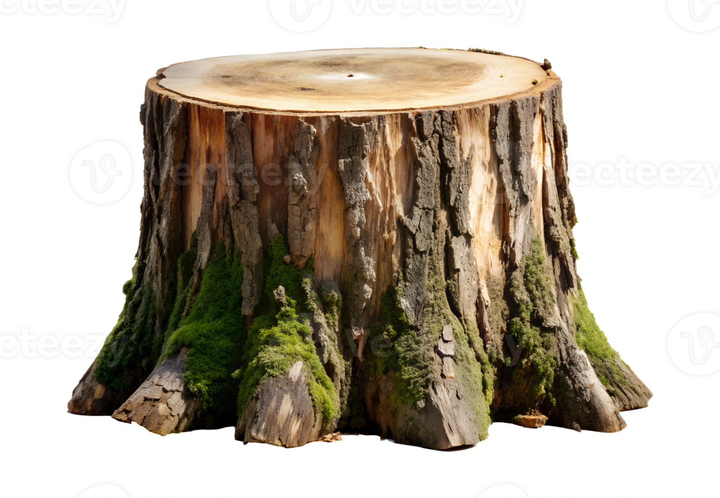 Tree stump with cracked bark and moss, isolated transparent png