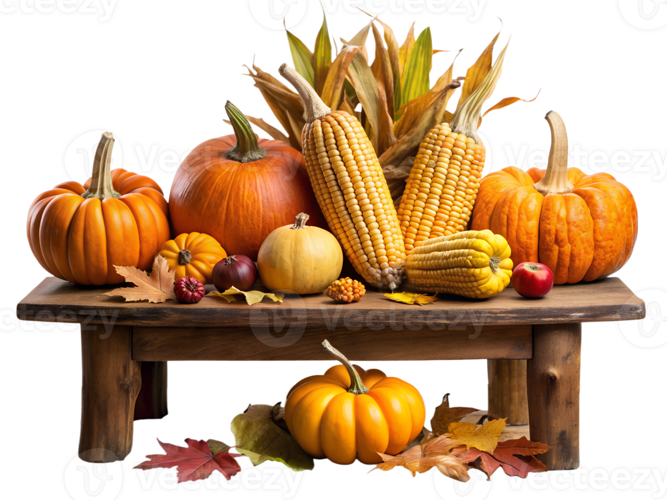 Autumn harvest display with pumpkins and corn, isolated transparent png