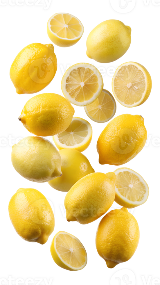 Fresh lemons and slices in the air, isolated transparent png
