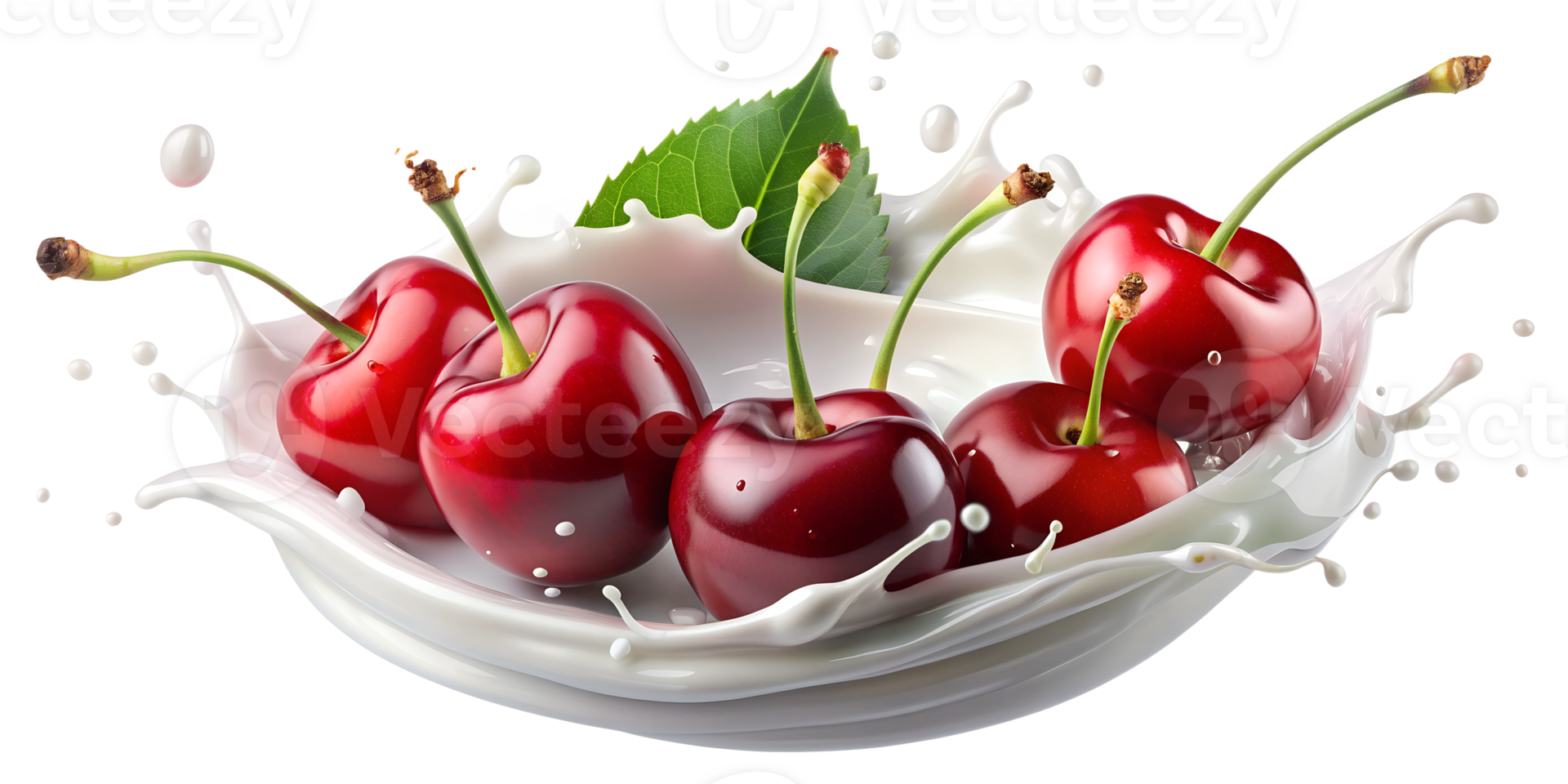 Red cherries with milk splashing around, isolated transparent png