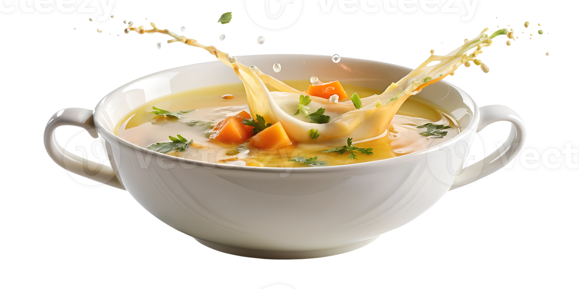 Soup with carrots splashing in bowl, isolated transparent png