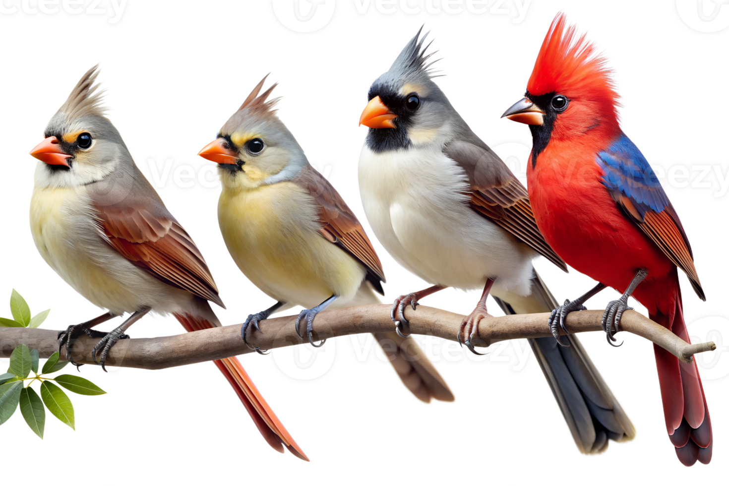 Group of colorful birds on a branch, isolated transparent png