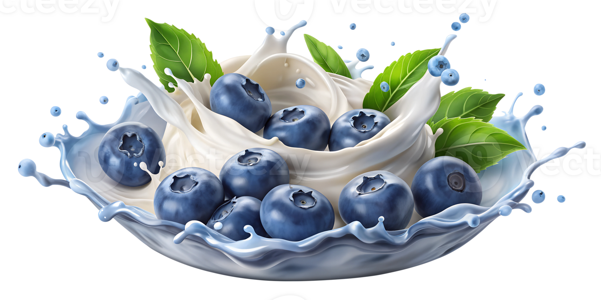 amoras dentro iogurte respingo com verde folhas, isolado transparente png