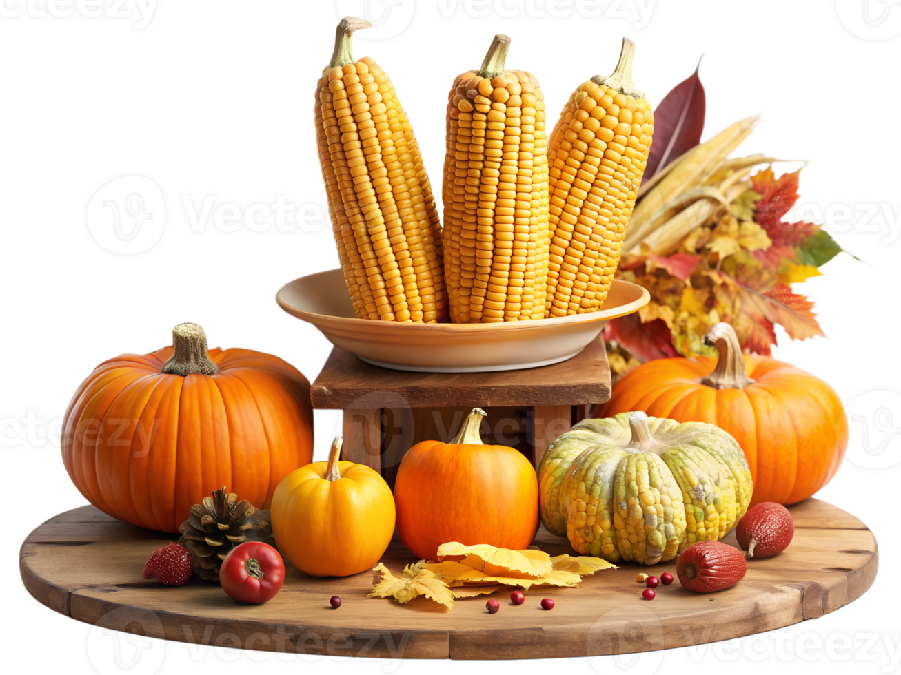 Autumn harvest display with pumpkins and corn, isolated transparent png