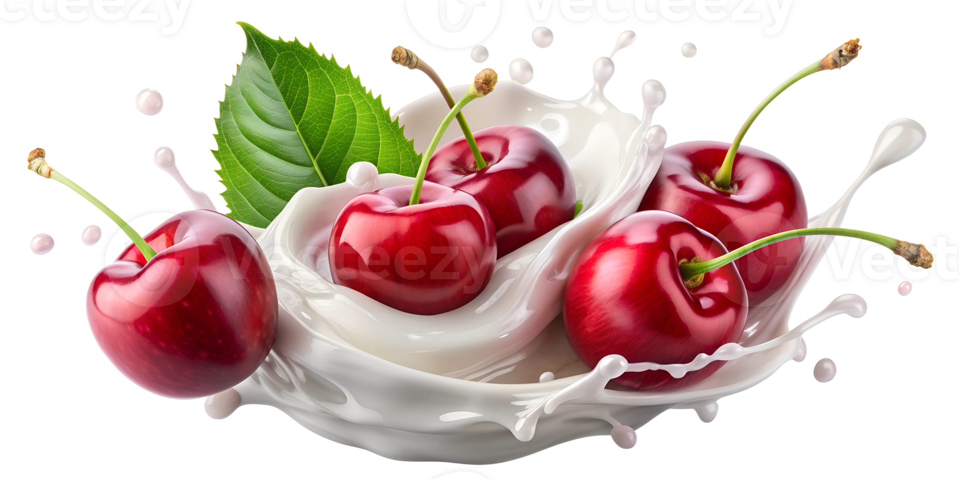 Red cherries splashing in milk, isolated transparent png