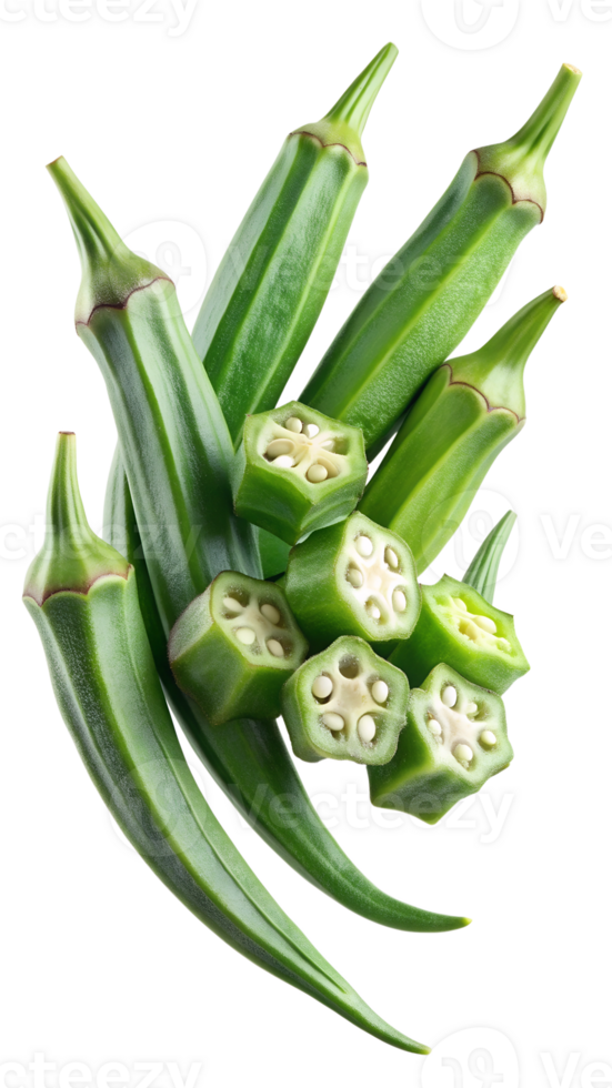 Green okra pods and slices, isolated transparent png