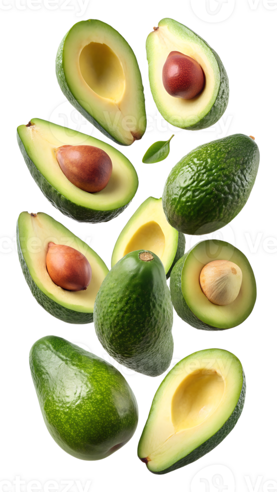 Fresh avocado halves and whole fruits floating, isolated transparent png