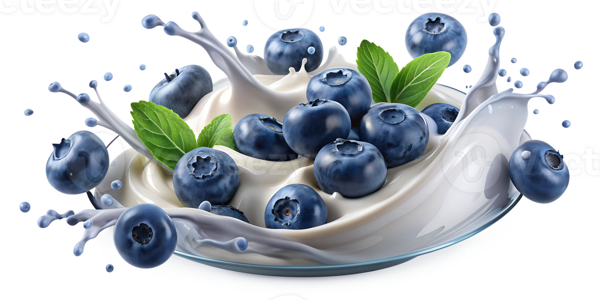 Blueberries and yogurt splash with leaves, isolated transparent png