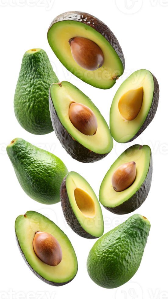 Fresh avocados floating, whole and halved with pits, isolated transparent png