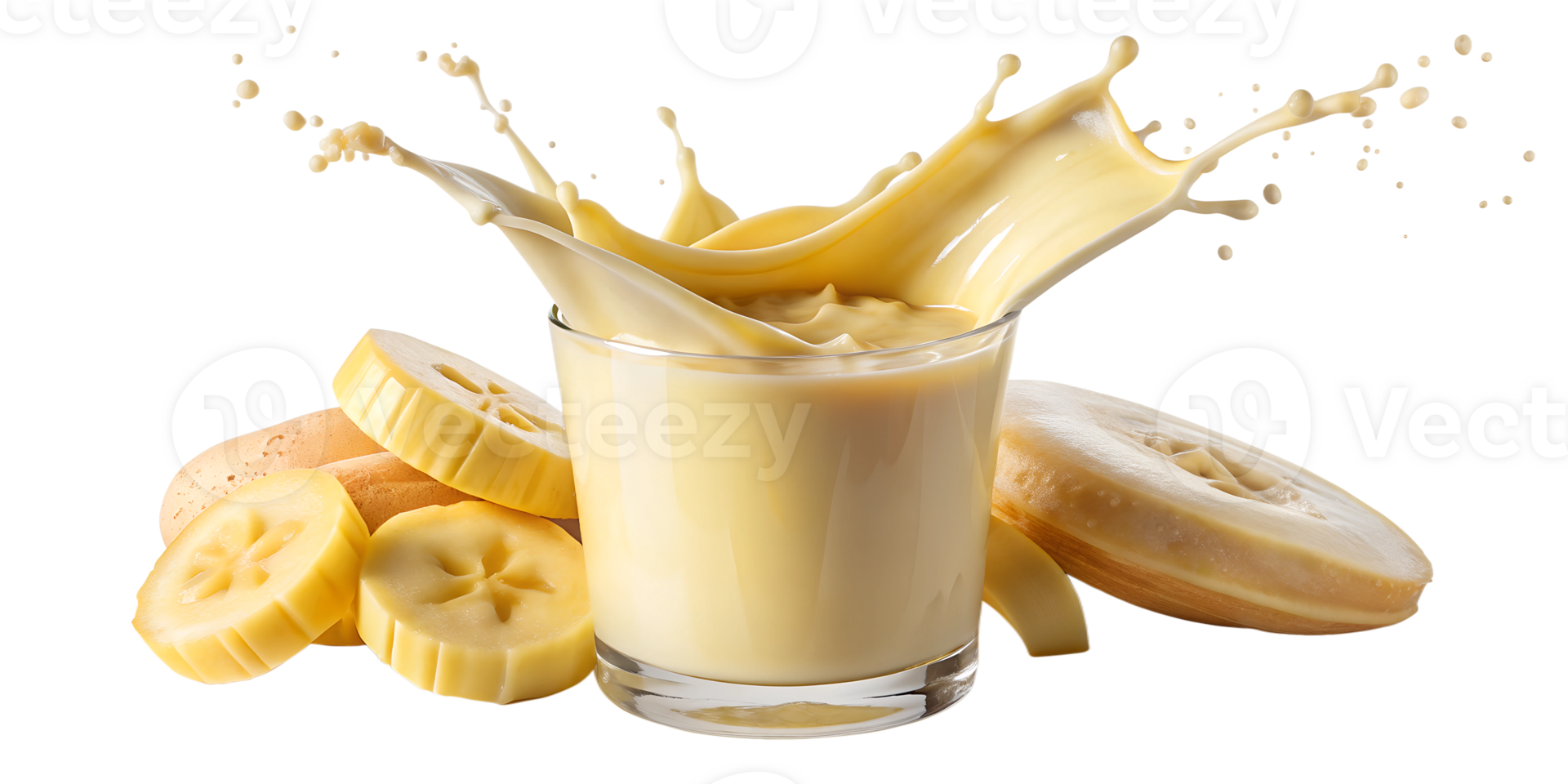 Banana milkshake splashing with fresh bananas, transparent png