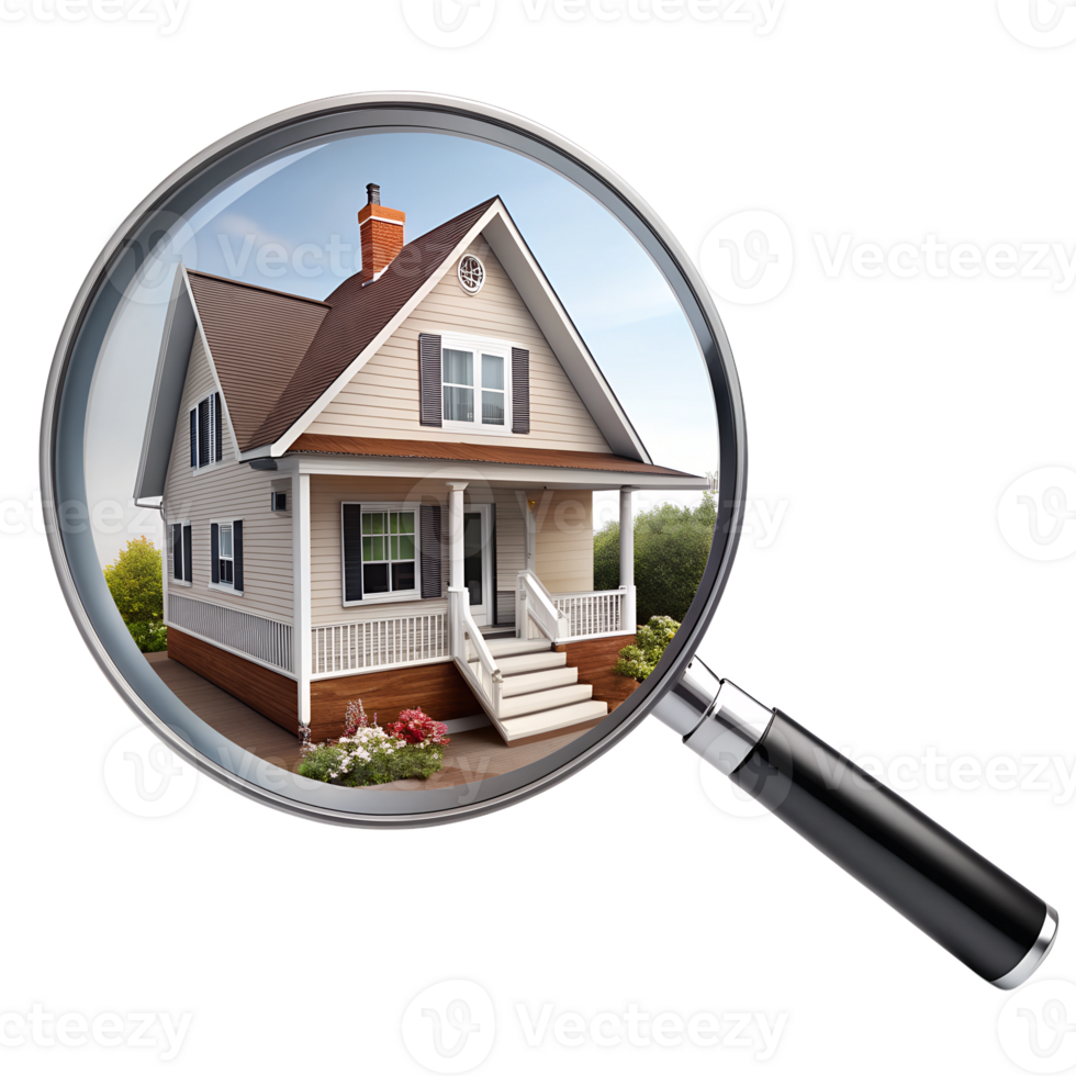 House under magnifying glass symbolizing real estate search, isolated on transparent background png
