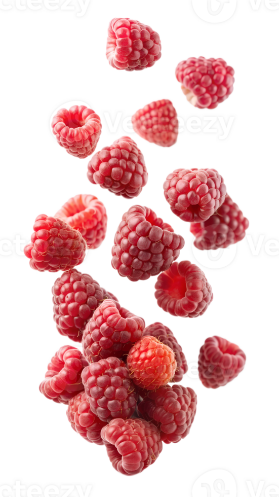 Falling fresh raspberries with realistic texture, isolated transparent png