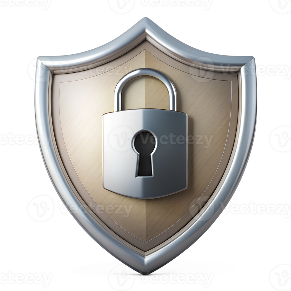 Metal shield with black padlock, isolated on transparent background png