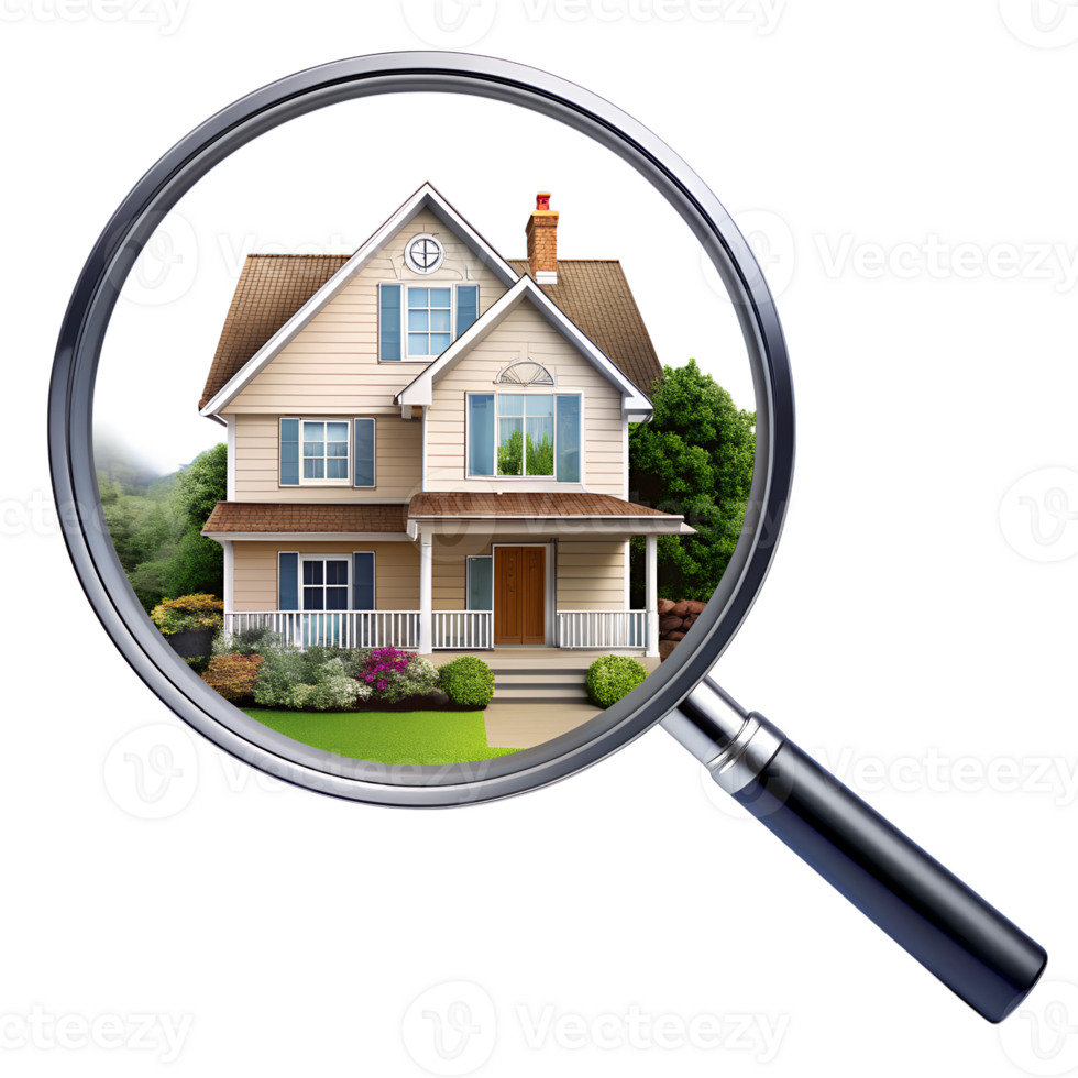 Modern home under magnifying glass, isolated on transparent background png