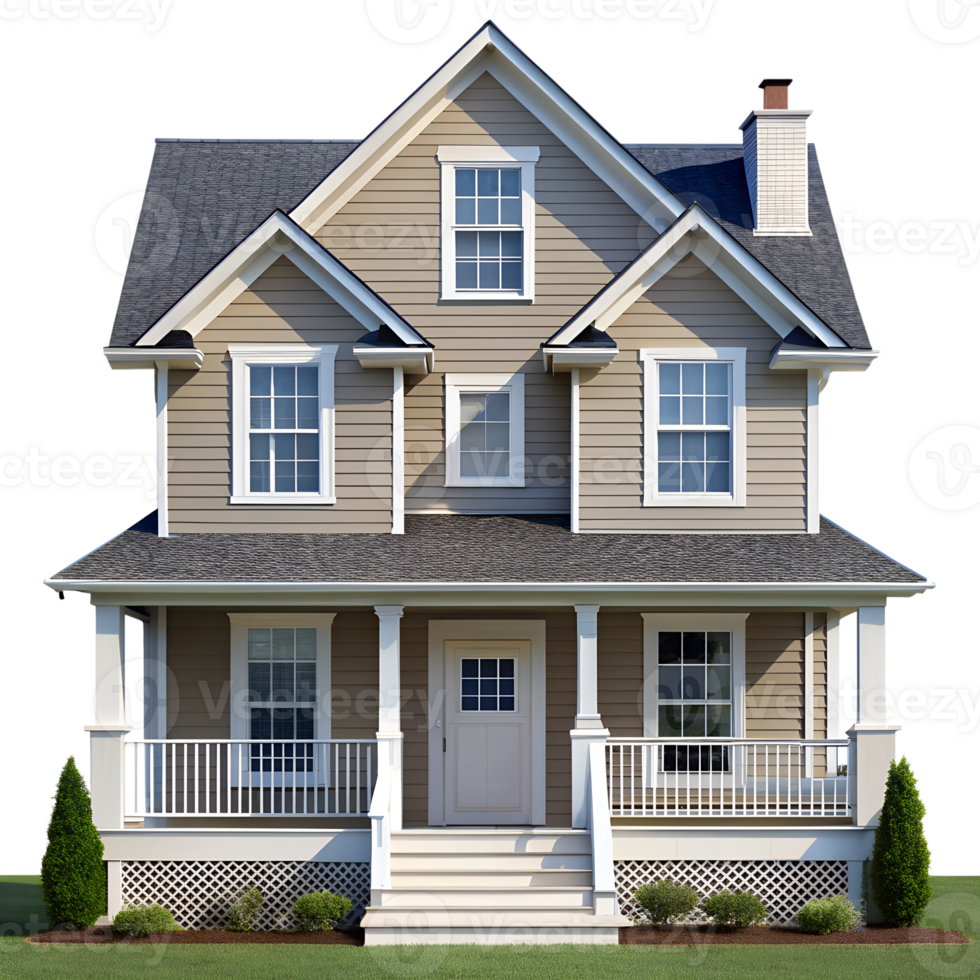 Modern two-story suburban house with porch, isolated on transparent background png
