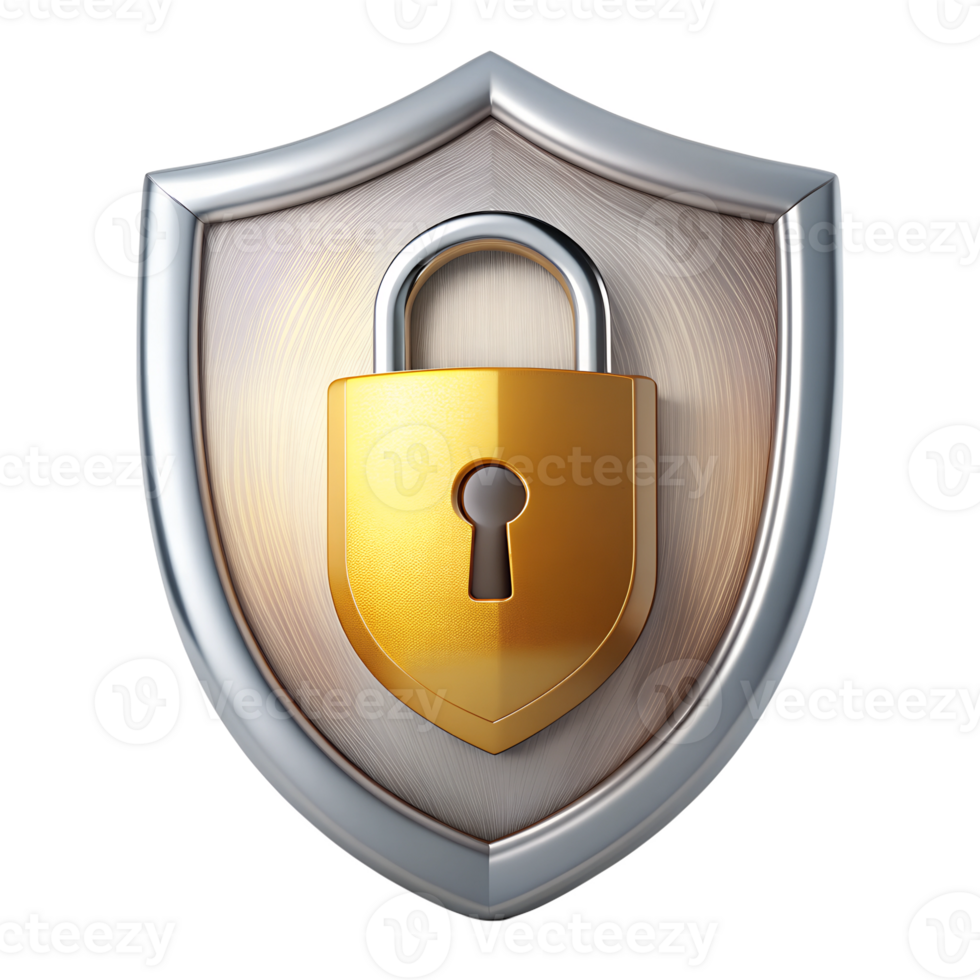 Gold padlock and shield emblem, isolated on transparent background png