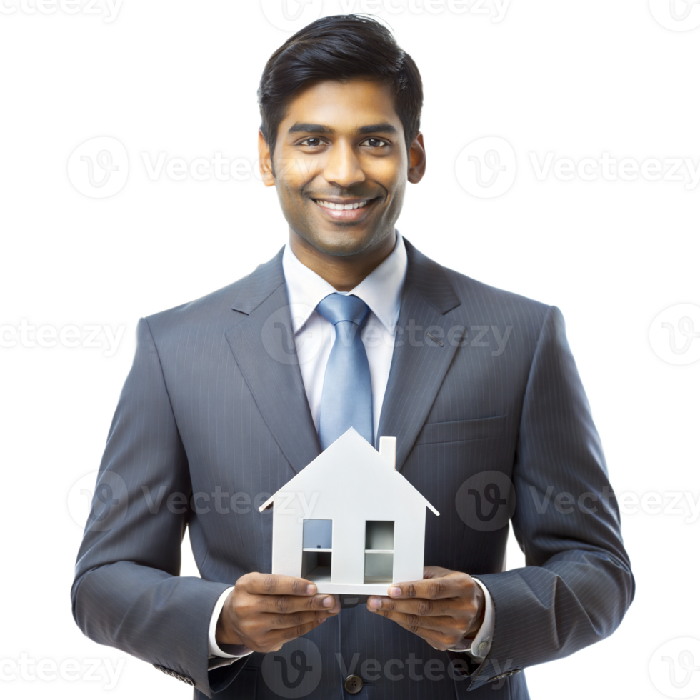 Real estate professional holding house model, isolated on transparent background png