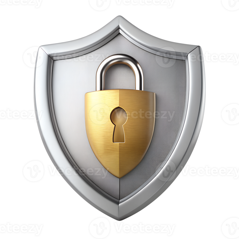 Golden padlock on silver shield, isolated on transparent background png