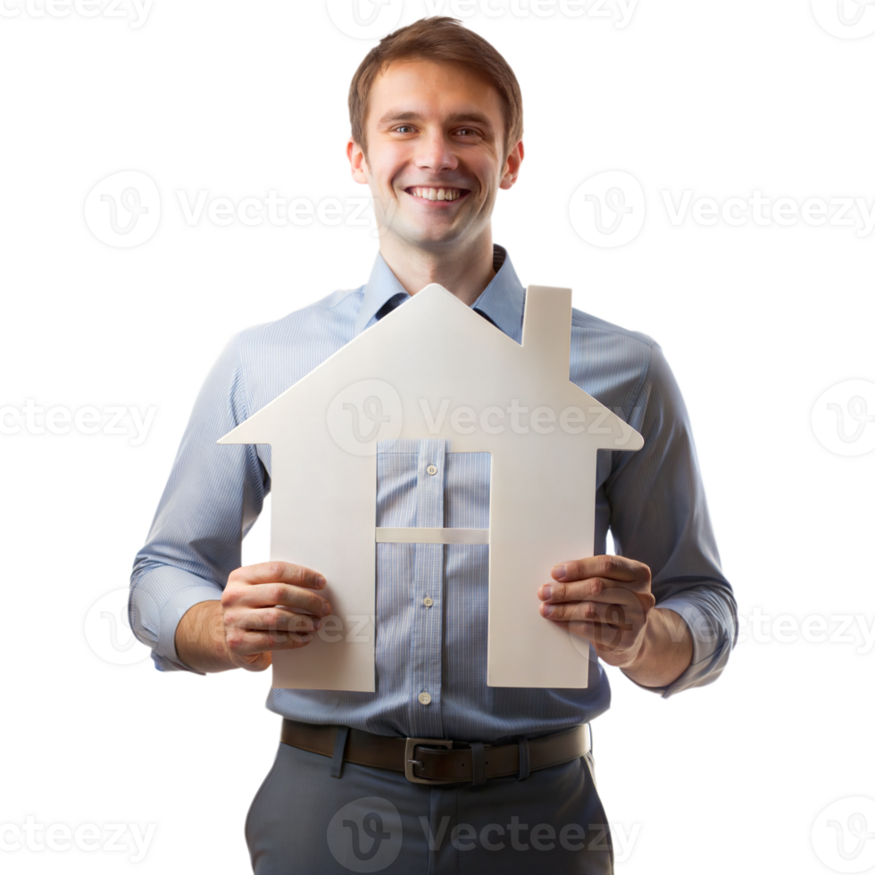 Smiling man holding house symbol, isolated on transparent background png