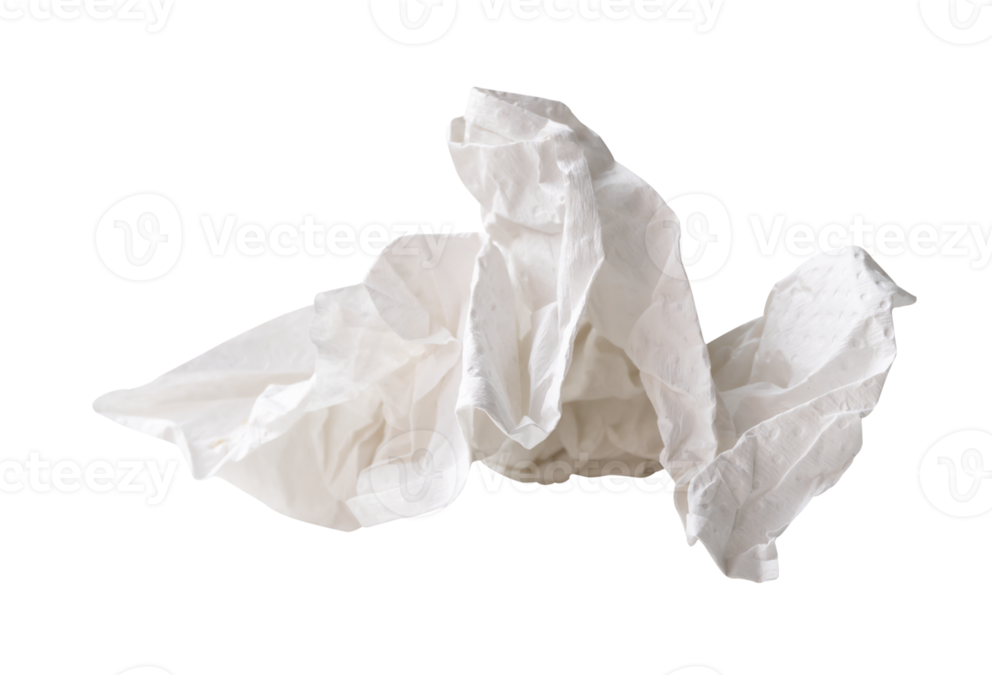 White screwed or crumpled tissue paper ball in strange shape after use isolated with clipping paht in file format png