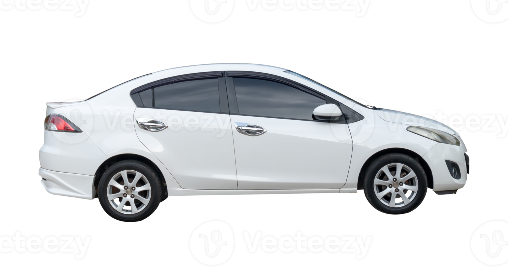 Side view of white sedan car isolated with clipping path in file format png