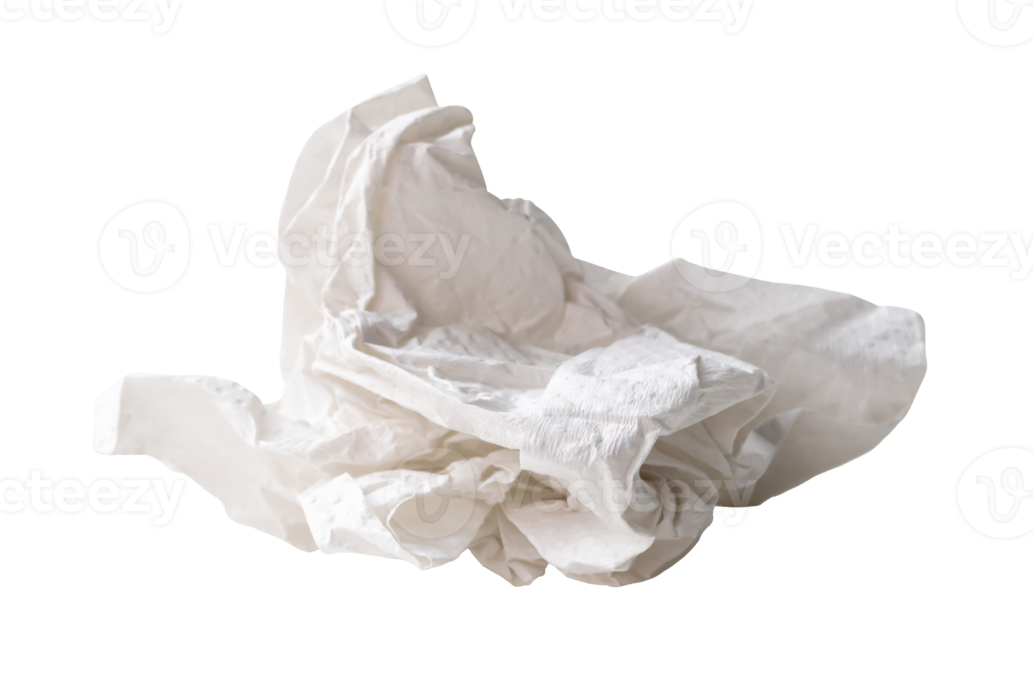 Side view of white screwed or crumpled tissue paper ball after use isolated with clipping path in file format png