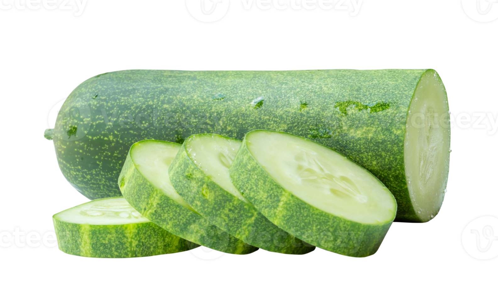 Side view of fresh green cucumber half with slices or pieces in stack isolated with clipping path in file format png