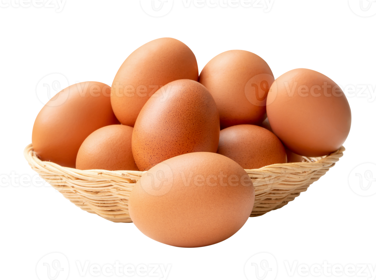 Front view of fresh brown chicken eggs in stack in wicker basket isolated with clipping path in file format png