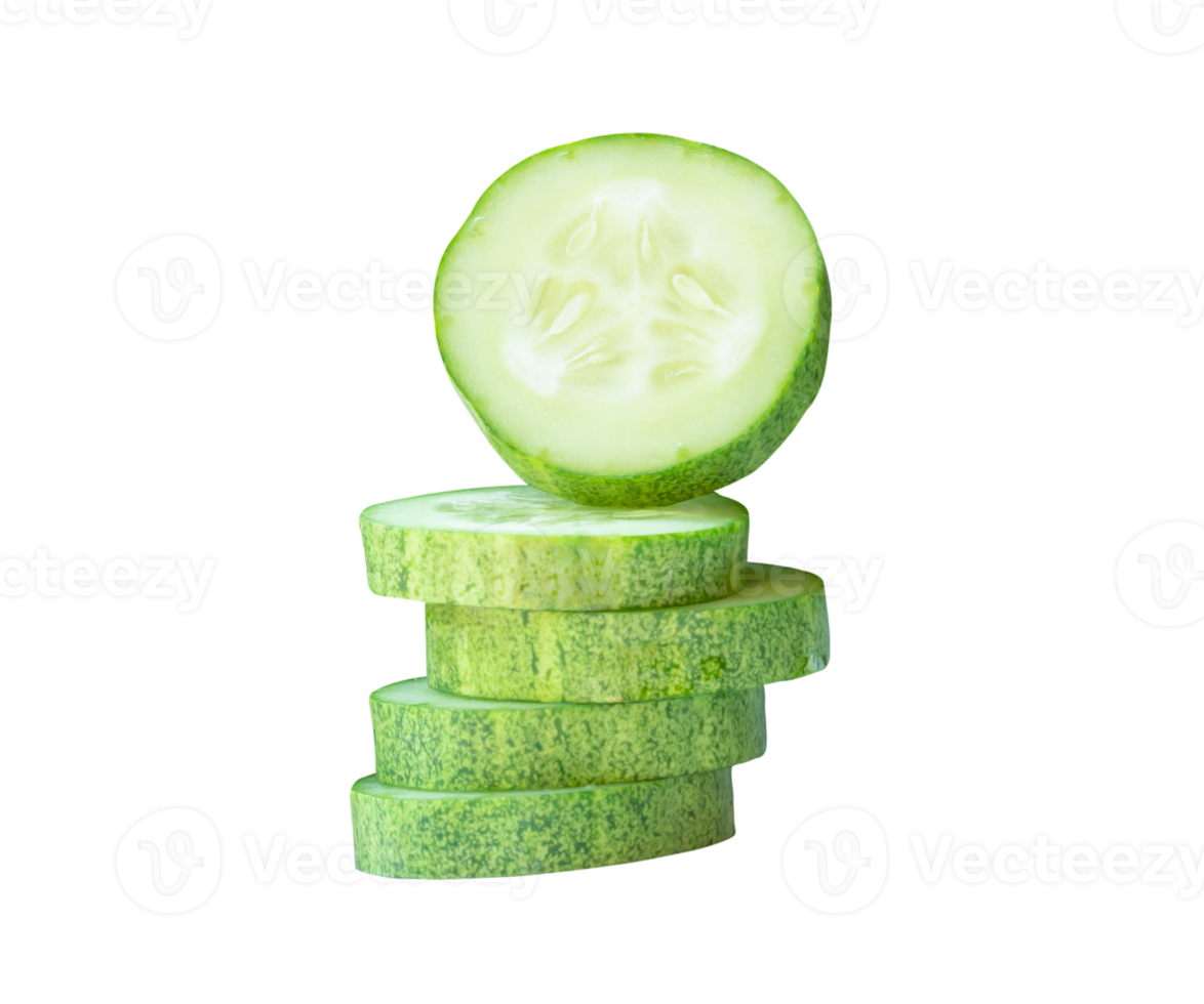 Green cucumber slices or pieces in stack isolated with clipping path in file format png