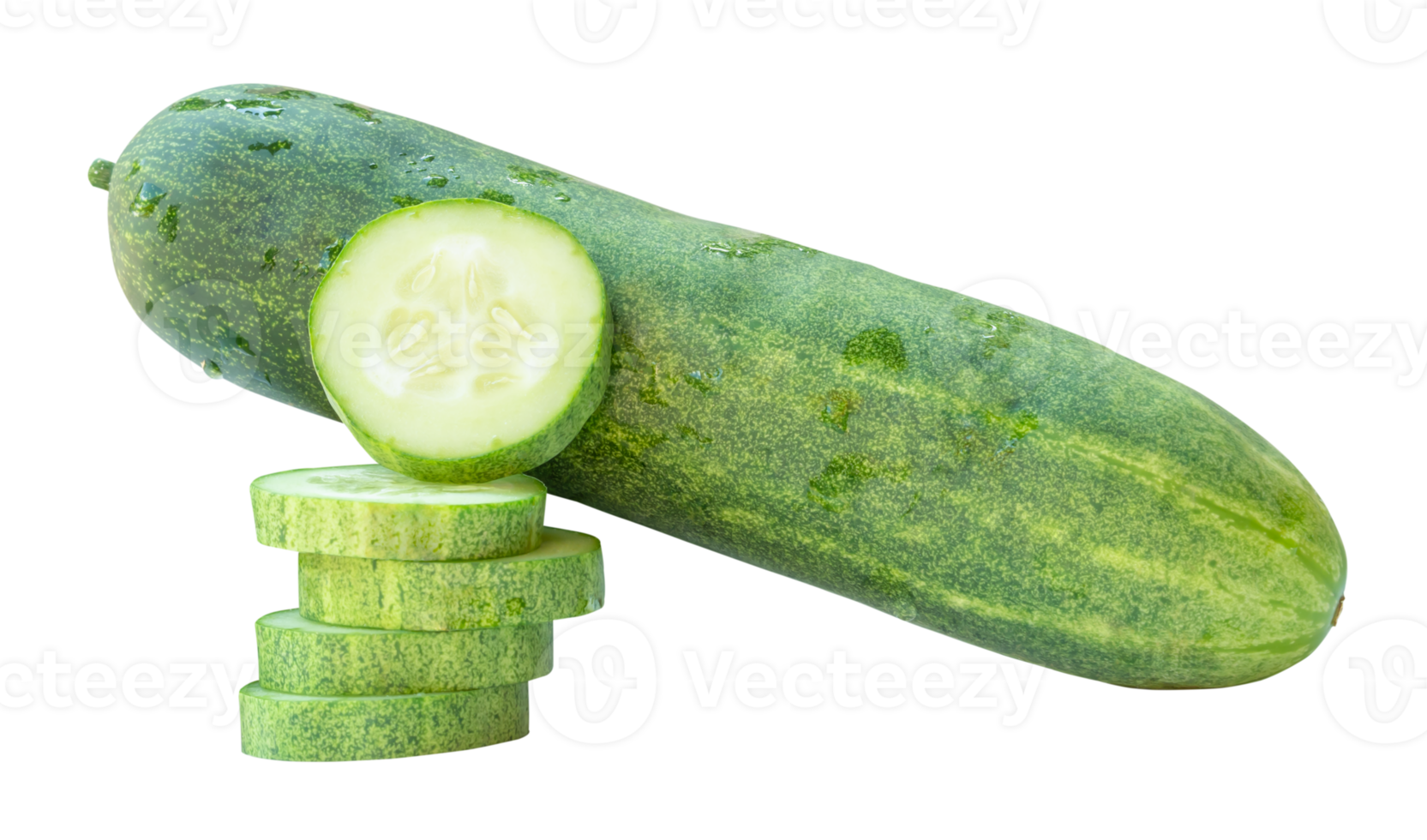 Fresh long green cucumber with slices or pieces in stack isolated in file format png