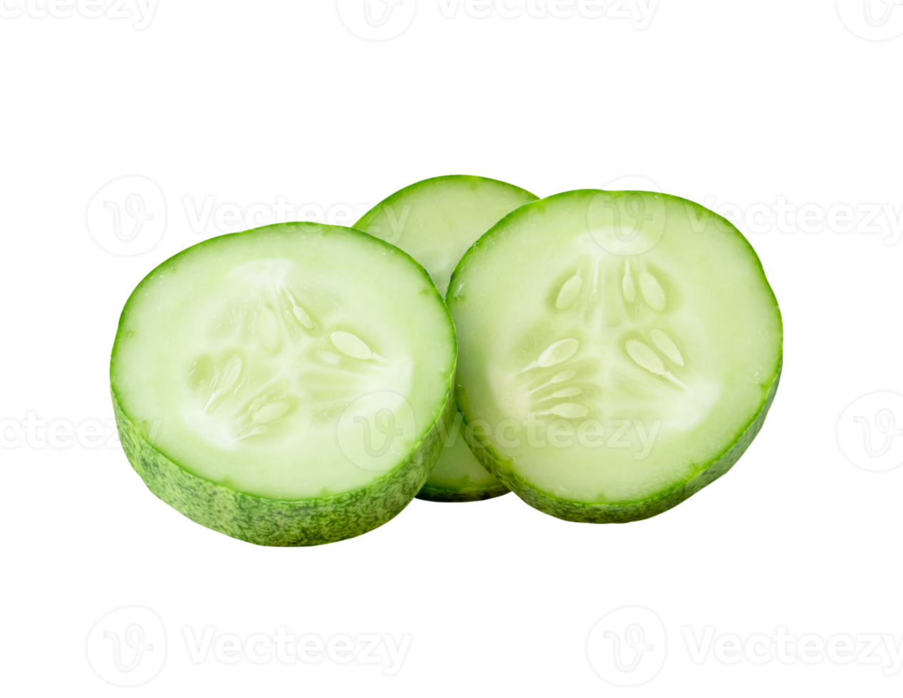Front view of fresh green cucumber slices or pieces in stack isolated with clipping path in file format png