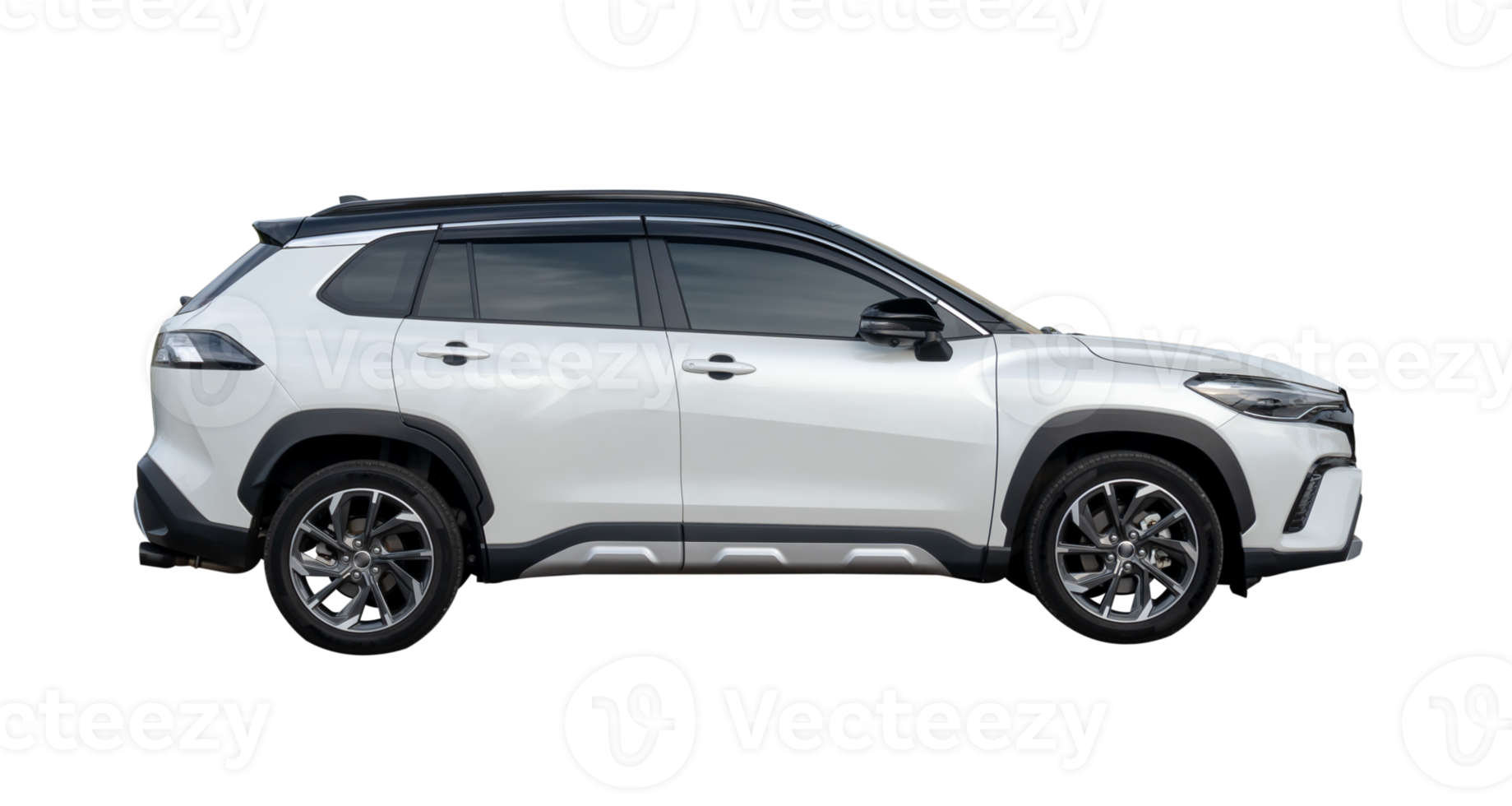 Side view of white hatchback car isolated with clipping path in file format png
