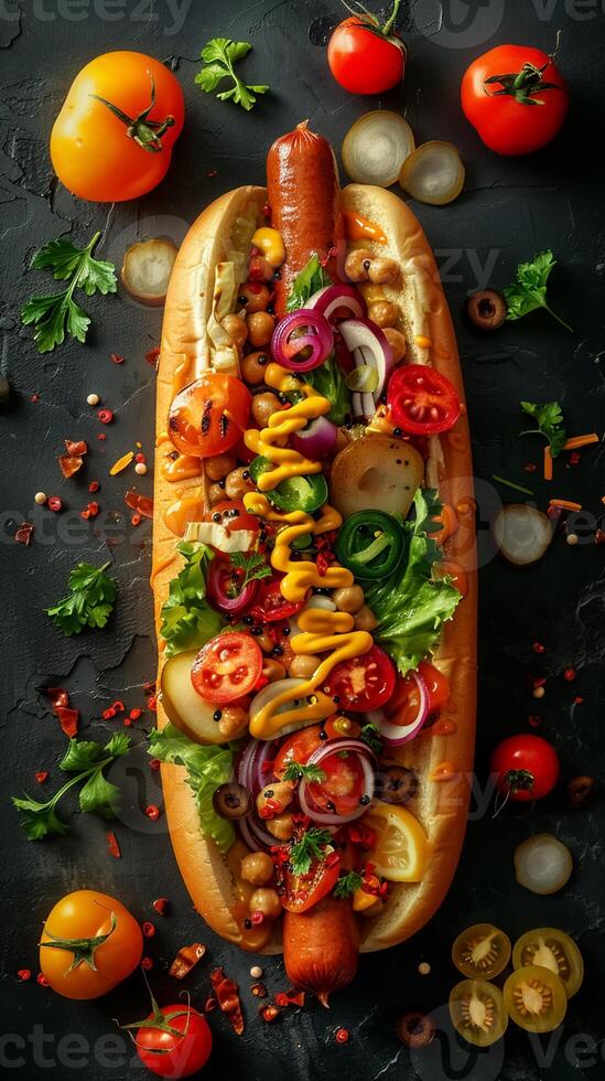 Close-up of a gourmet hot dog topped with fresh vegetables and condiments, arranged on a dark surface with scattered ingredients photo