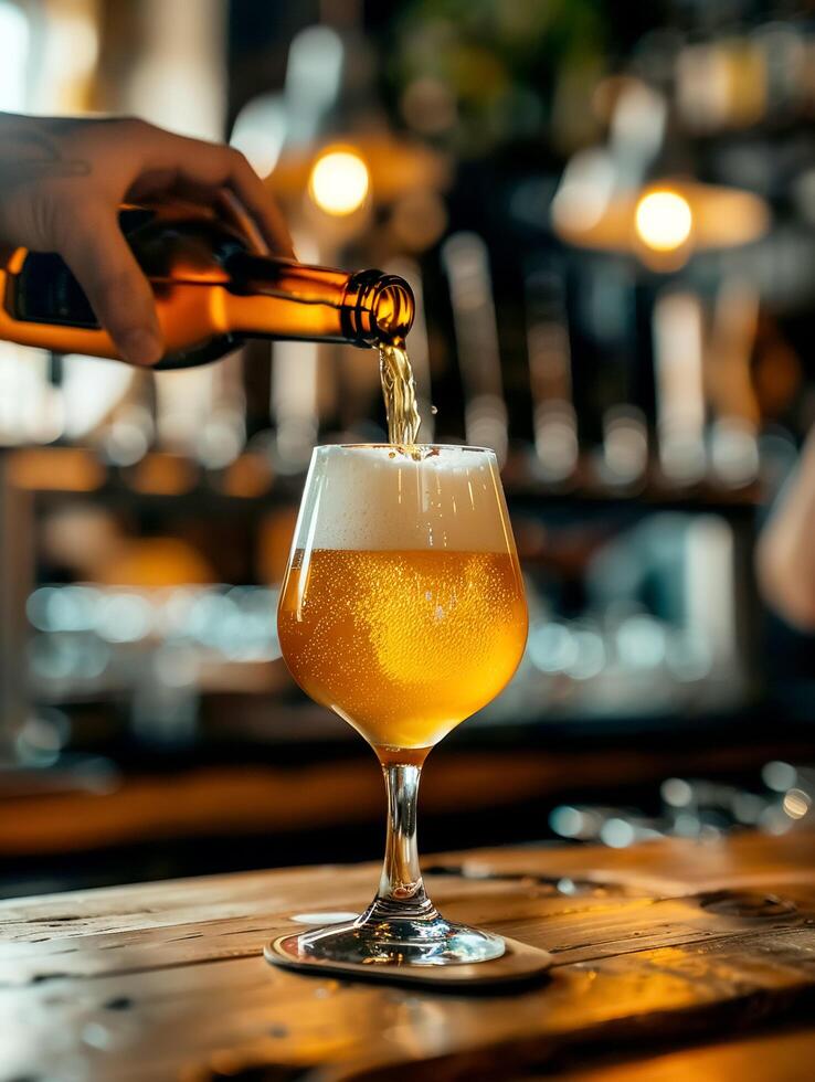 Close-up of a hand pouring beer from a bottle into a glass on a rustic wooden table in a cozy bar with warm lighting photo