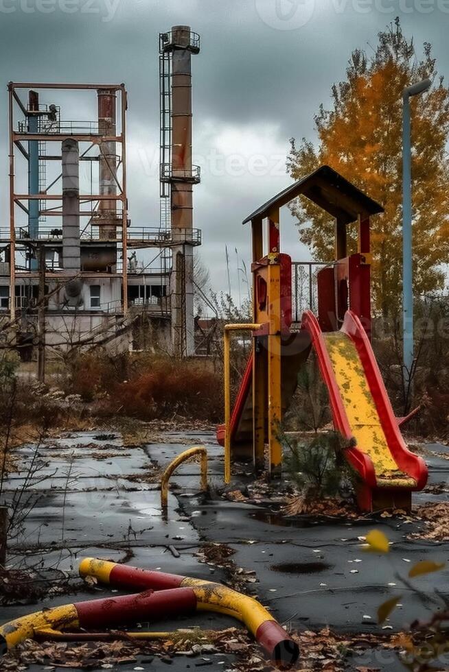Abandoned playground with broken slide and industrial factory in the background. Scene of decay and urban neglect photo