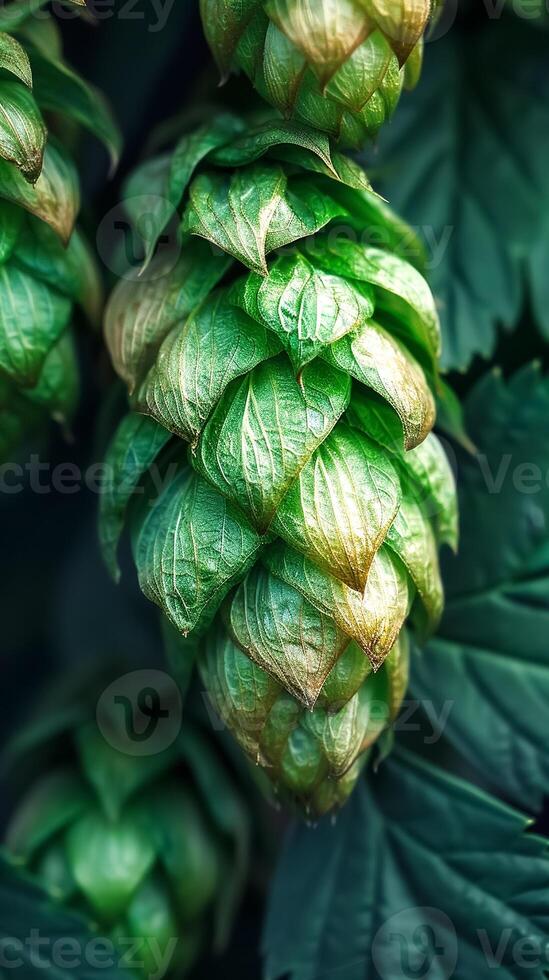 Close-up of green hops cones on a plant, showcasing their textured leaves and vibrant color, used in brewing beer photo
