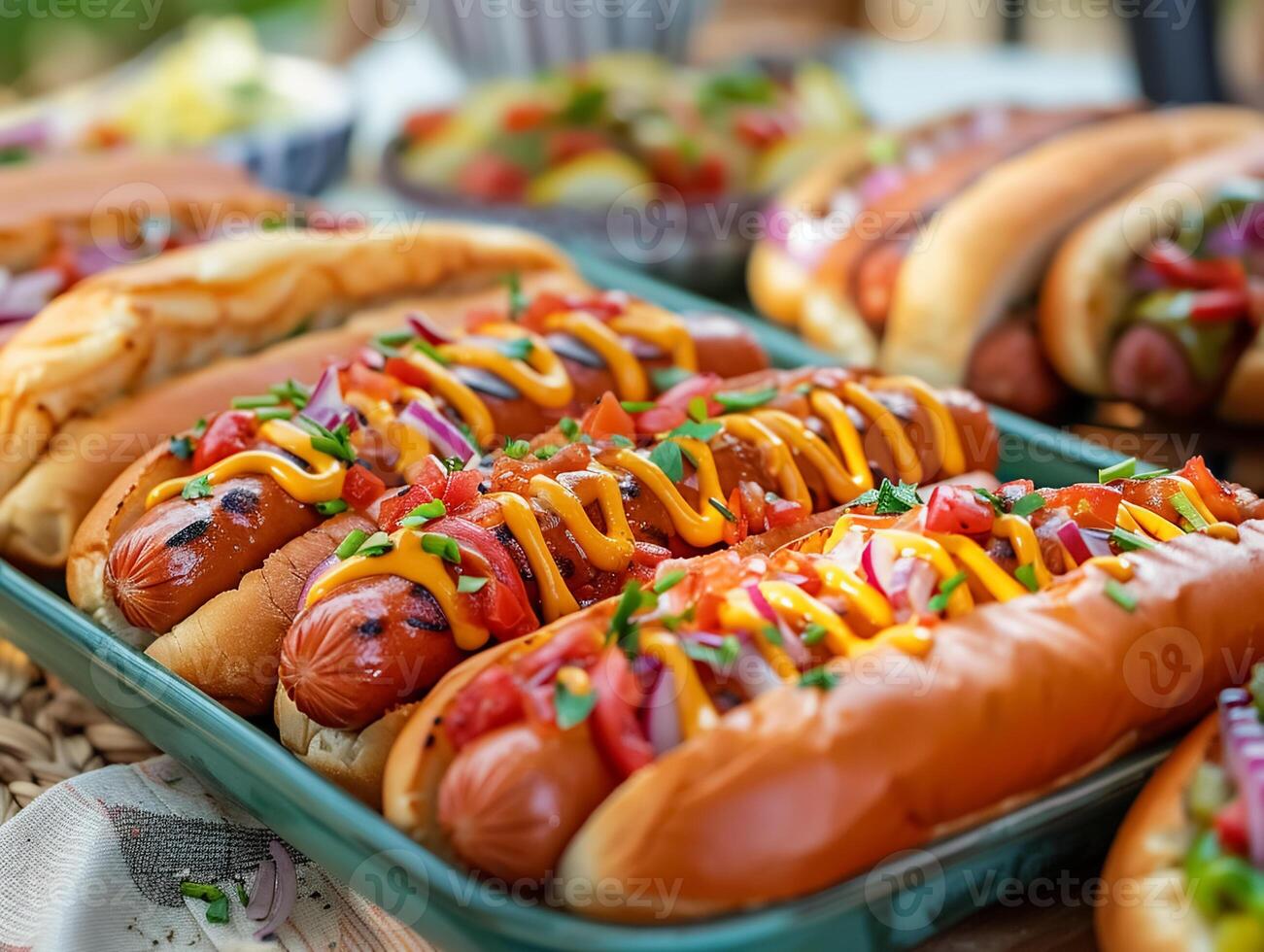 Variety of grilled hot dogs with toppings like mustard and onions, served on a tray outdoors, ideal for a summer picnic or barbecue photo