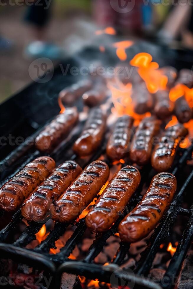 Hotdogs grilling over open flames, sizzling and smoky, ideal for barbecue or cookout settings, highlighting the deliciousness of grilled sausages photo