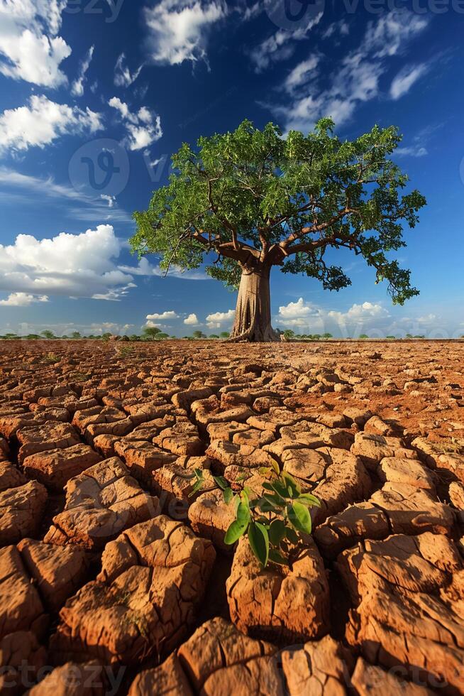 Lone green tree stands tall in a cracked desert landscape under a bright blue sky, symbolizing hope and survival in harsh environments photo