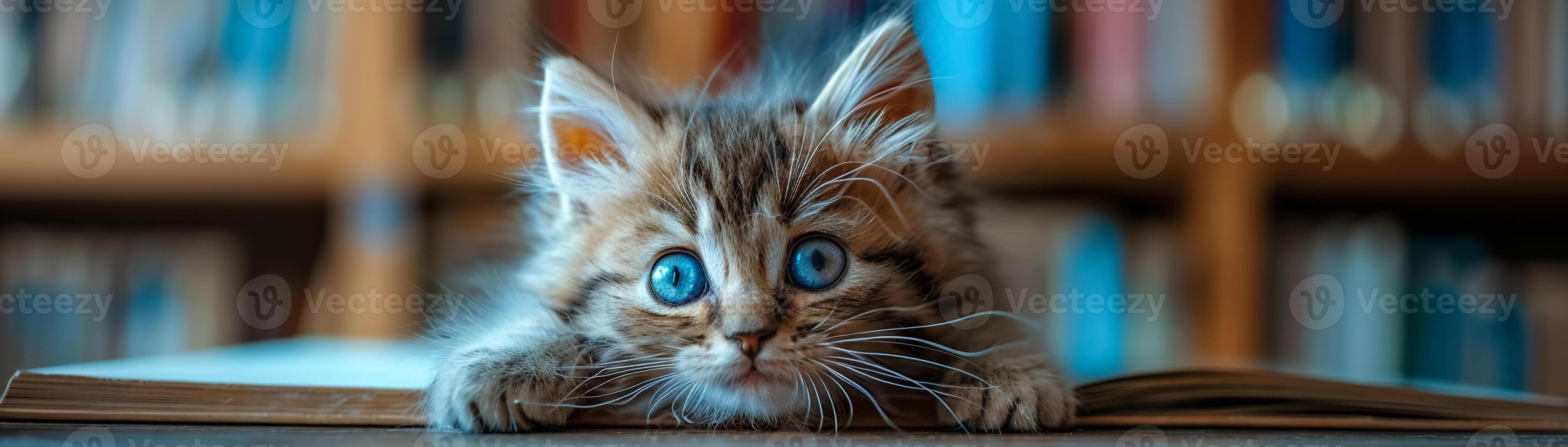 Cute fluffy kitten with blue eyes lying on a book in a library, highlighting curiosity and cuteness photo