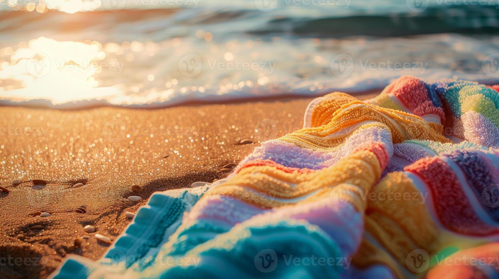 Colorful striped towel on a sandy beach near the water's edge with soft waves and a warm, glowing sunset in the background photo
