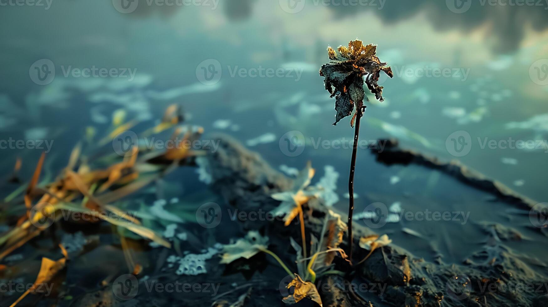 Withered flower in a waterlogged area with blurred plants in the background, representing decay and nature's cycle photo