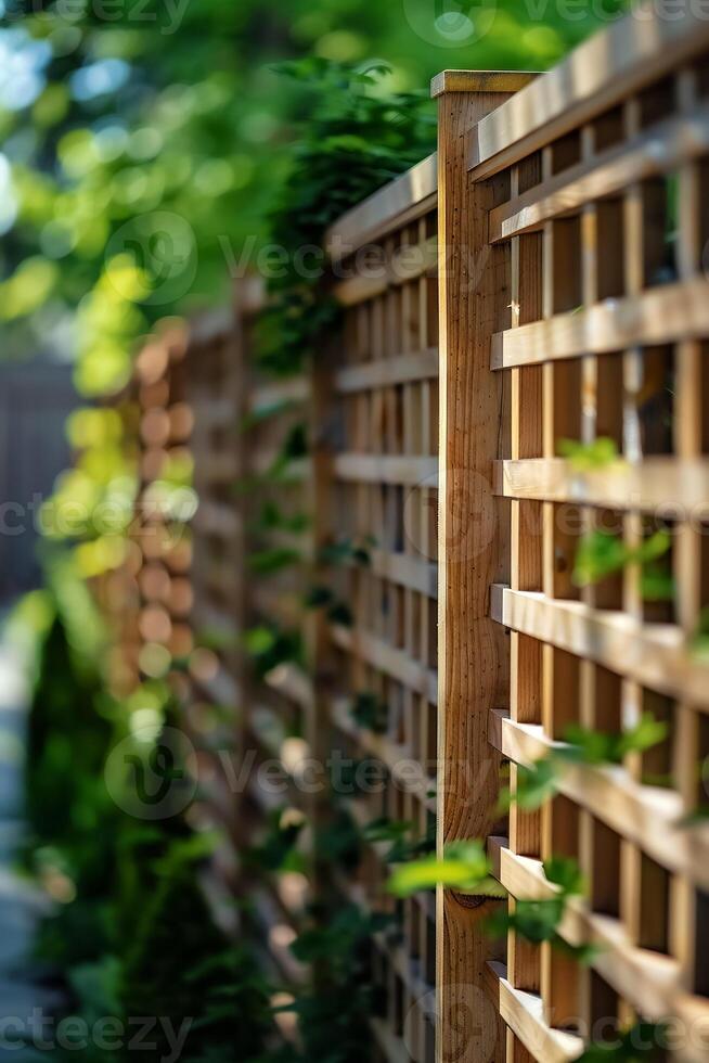 Wooden garden fence with green climbing plants and sunlit foliage creates a peaceful outdoor environment photo