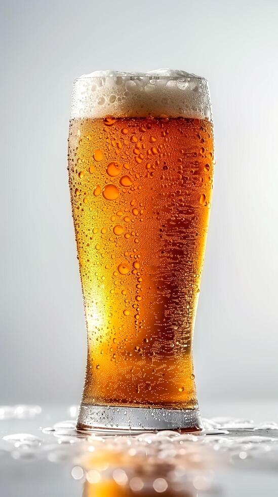 A tall glass of amber beer with foam and bubbles on the surface, captured with condensation droplets against a light background photo